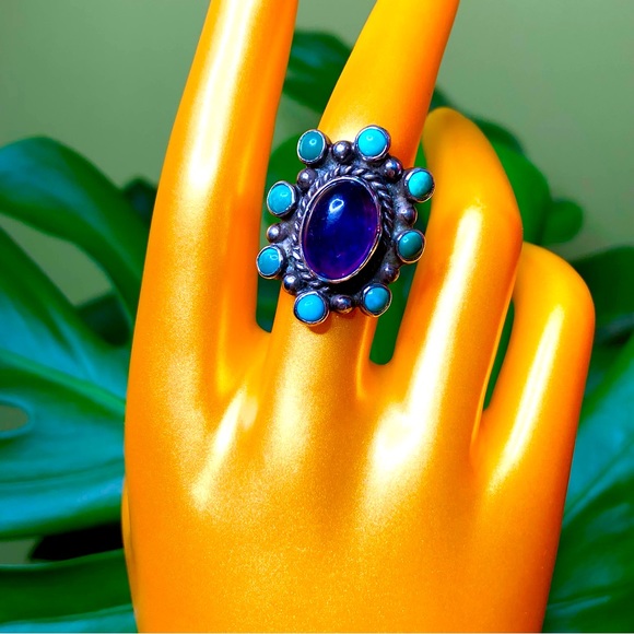 Sterling Silver Oval Cluster Real Turquoise and Amethyst-colored Ring - Picture 2 of 3